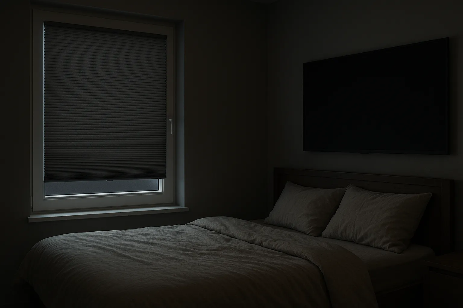 Abgedunkeltes Schlafzimmer mit neutralen Texturen und Plissees