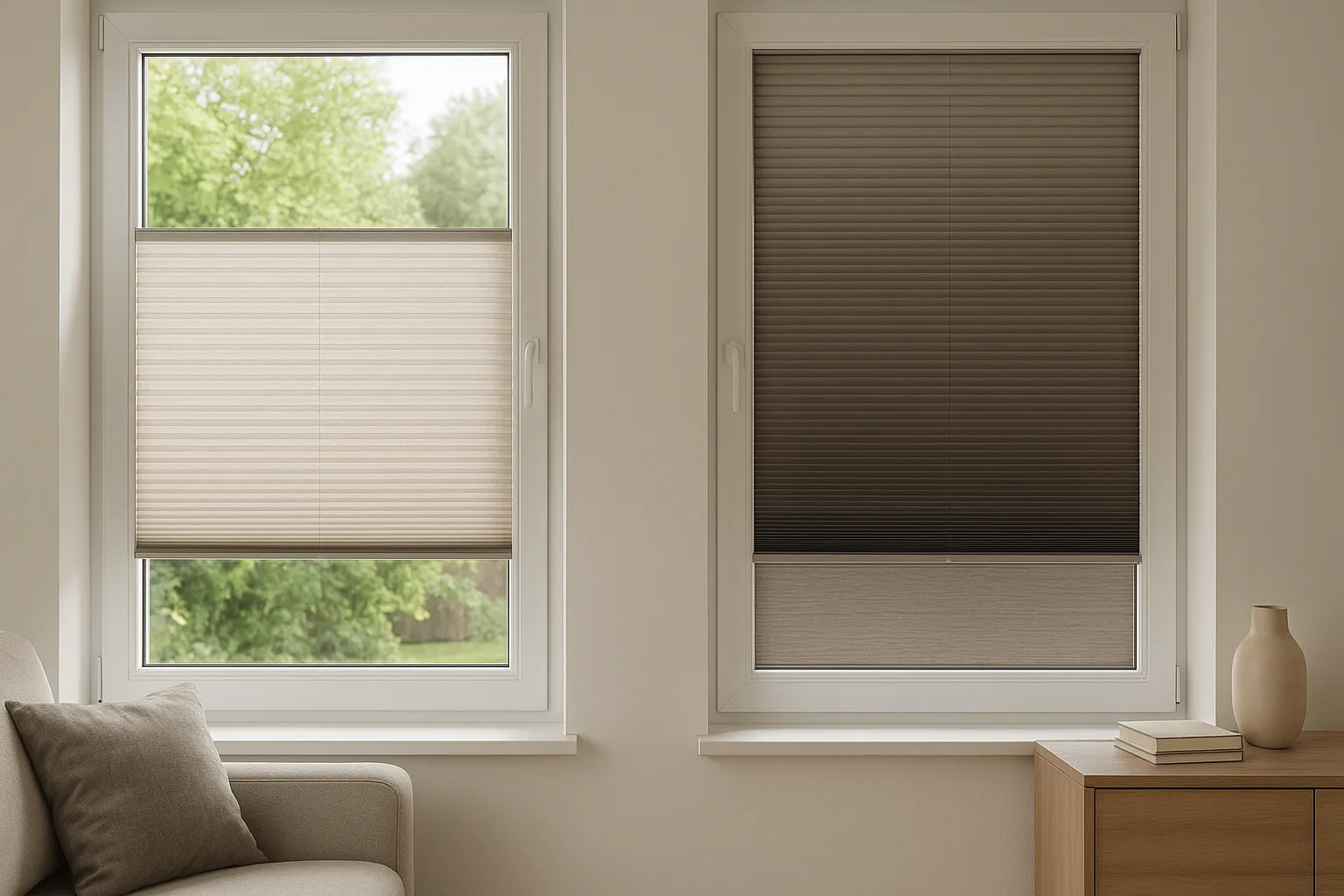 Innenliegend montiertes Plissee, bündig im Fensterrahmen