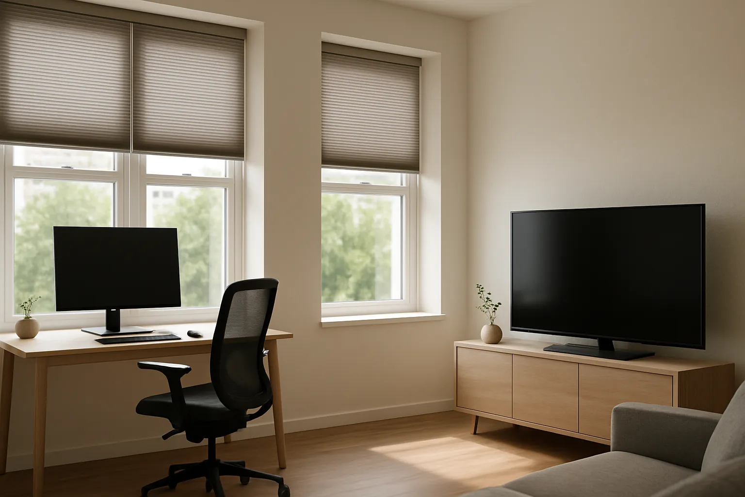 Arbeitsplatz am Fenster, Bildschirm ohne Spiegelungen dank Plissee