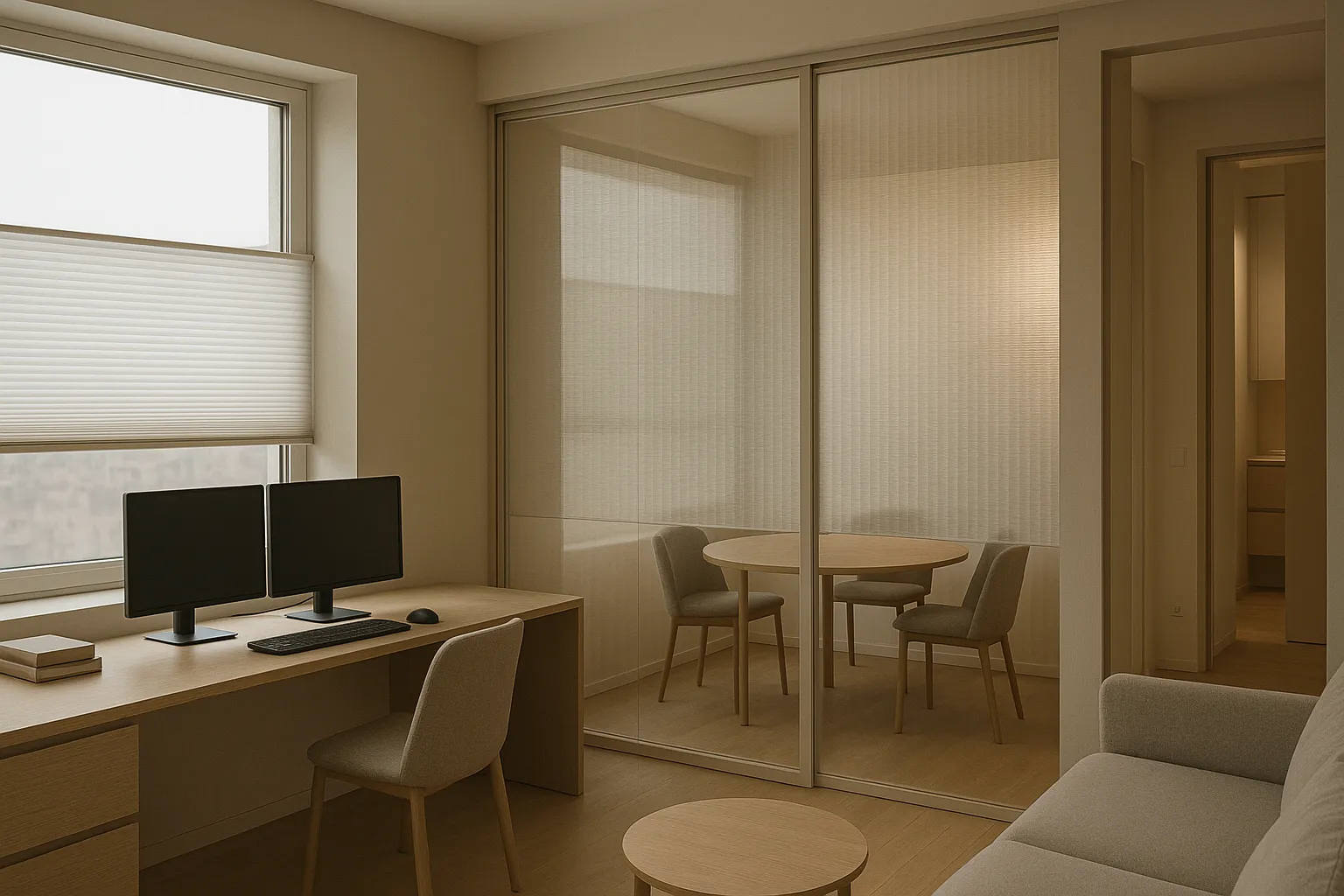 Homeoffice-Situation mit Plissee und blendfreiem Bildschirm