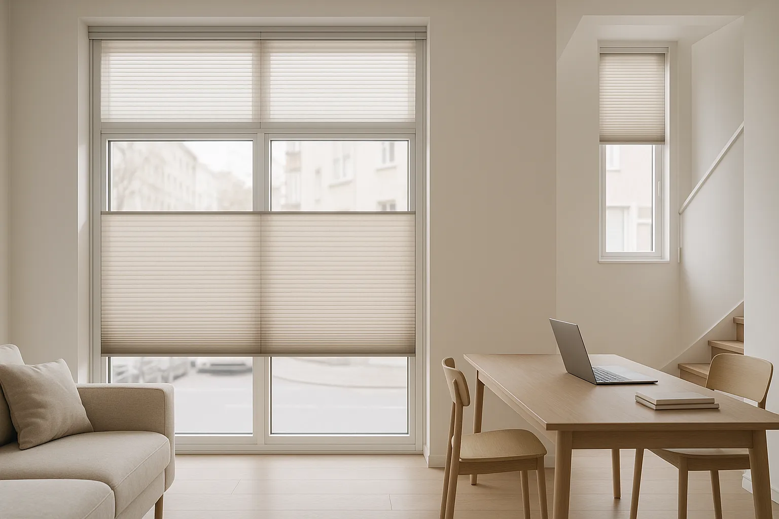 Modernes Interieur mit dezentem Plissee und klaren Linien