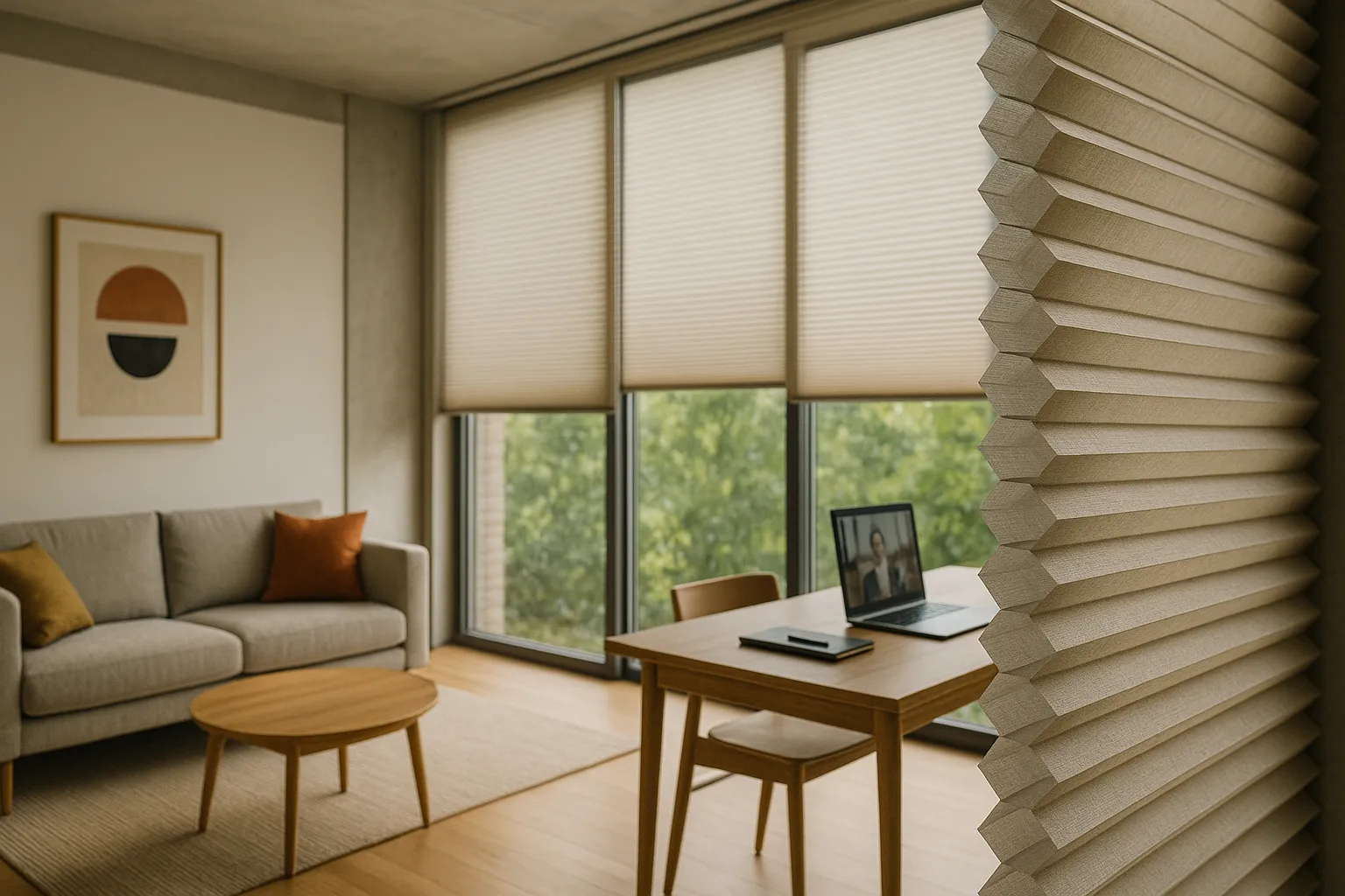 Detail eines Wabenplissees als isolierende Schicht am Fenster