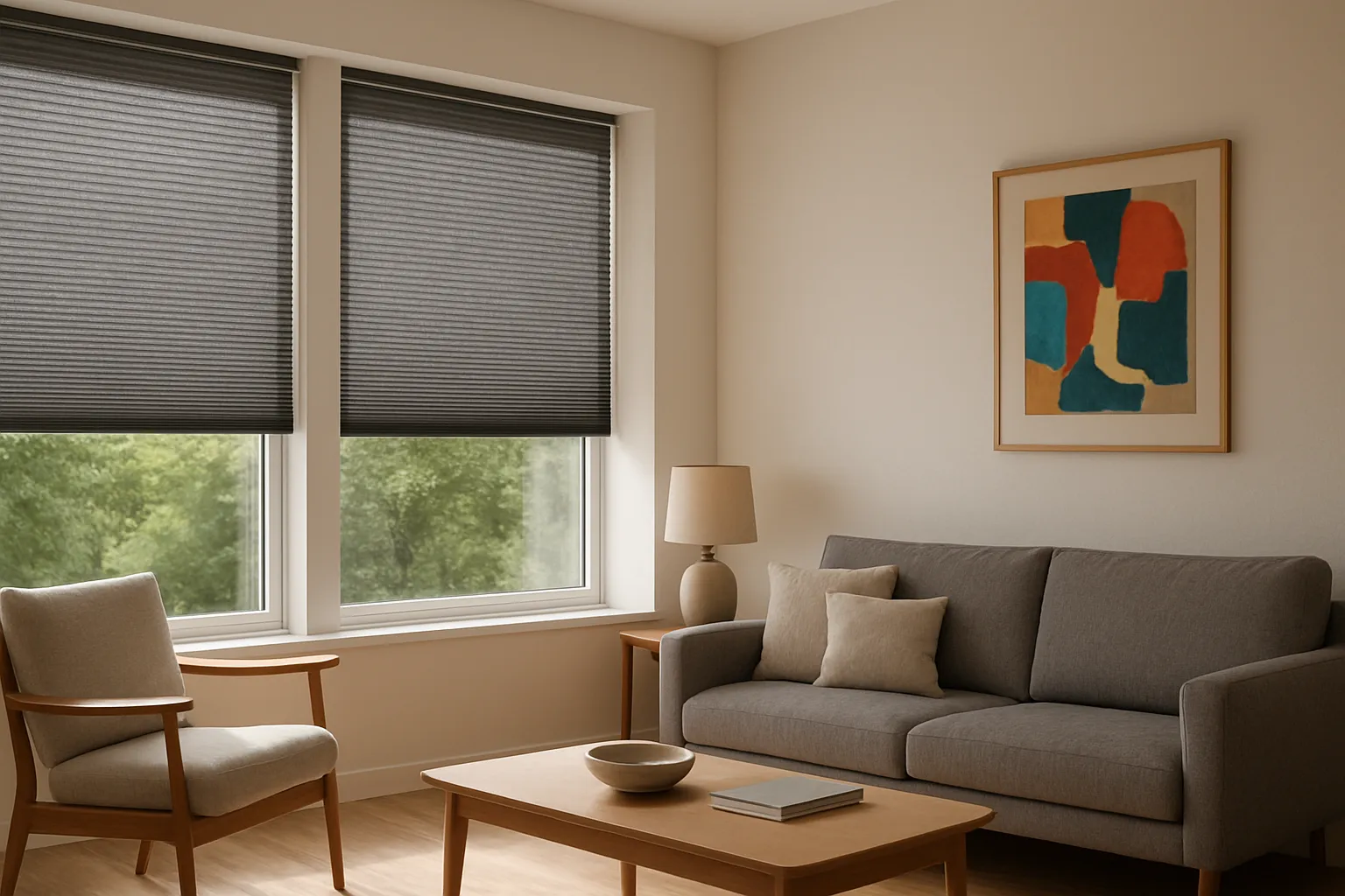 Plissee UV-Schutz und Farberhalt für Möbel, Böden und Kunst Plissees mit UV-Schutz im modernen Wohnzimmer, diffuses lichtstreuendes Tageslicht, Möbel und Holzboden vor Ausbleichen geschützt, farbintensives Kunstwerk unverblasst, dunkle Front mit heller Rückseite und subtiler Metallbeschichtung