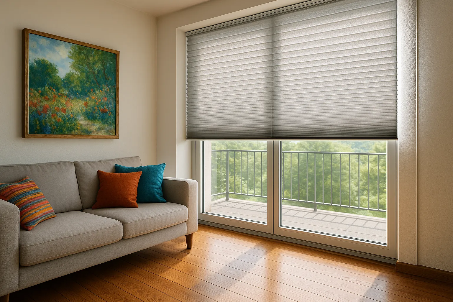 UV-Schutz und Farberhalt durch innenliegenden Sonnenschutz – niedrige UV-Transmission, moderate Lichttransmission, reflektierende Rückseite UV-Schutz und Farberhalt im Wohnraum mit glasnah montiertem Plissee; dichte, UV-blockierende Ausrüstung filtert Sonnenlicht, reflektierende Rückseite reduziert Wärmeeintrag; farbintensives Gemälde, Holzboden und Textilien wirken unverblasst