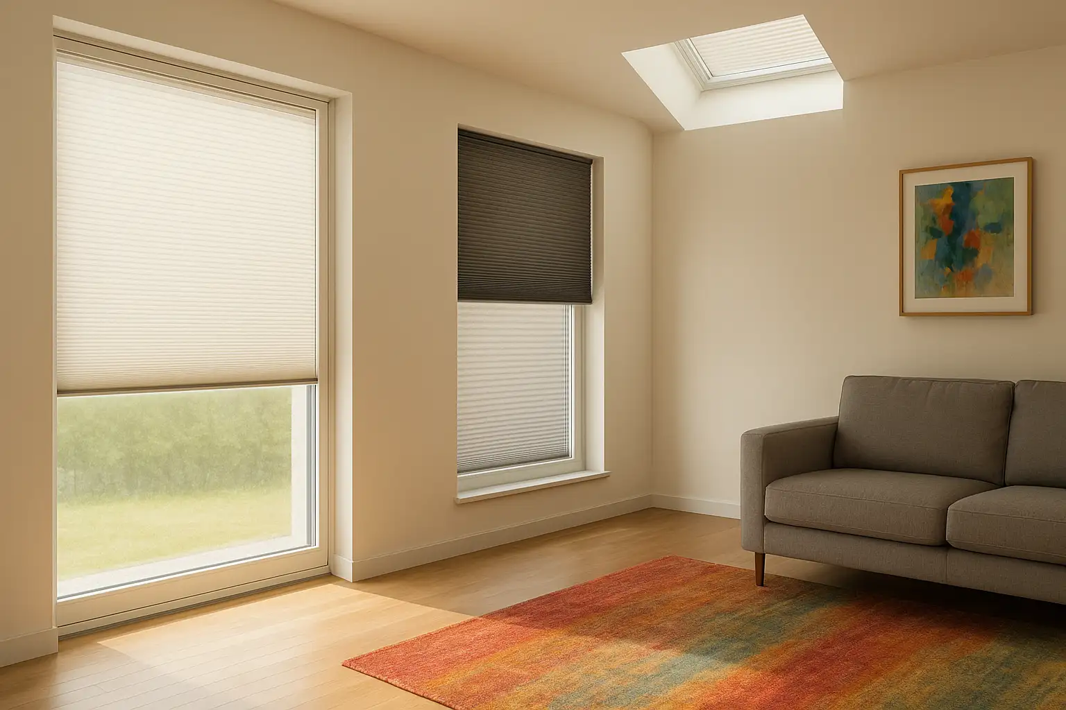 UV-Schutz und Farberhalt mit Plissee: optimale Montage, Führungsschienen und Abstand im Wohnraum UV-Schutz und Farberhalt im Wohnraum mit Plissee, glasnahe Montage, Führungsschienen, Abstand zu Möbeln und Kunst, bodentiefes Fenster, Dachfenster mit geringer Öffnung, weiches Streulicht schützt Holzboden und Teppich