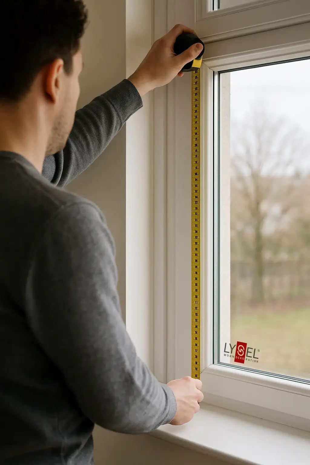 Mensch misst eine Fensterlaibung sorgfältig aus